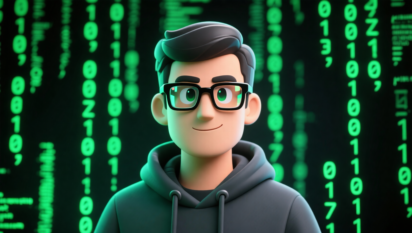 程序员头像：卡通风格，戴黑框眼镜，穿着连帽衫，背景为代码矩阵，表情自信且技术感十足