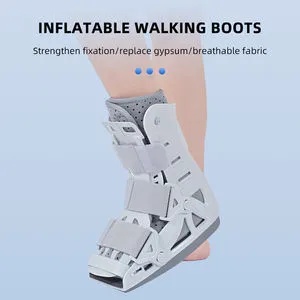Walking Air Boot product image: White and blue orthopedic walking boot with multiple air valves and straps, shown on a model's foot at a 45-degree angle.