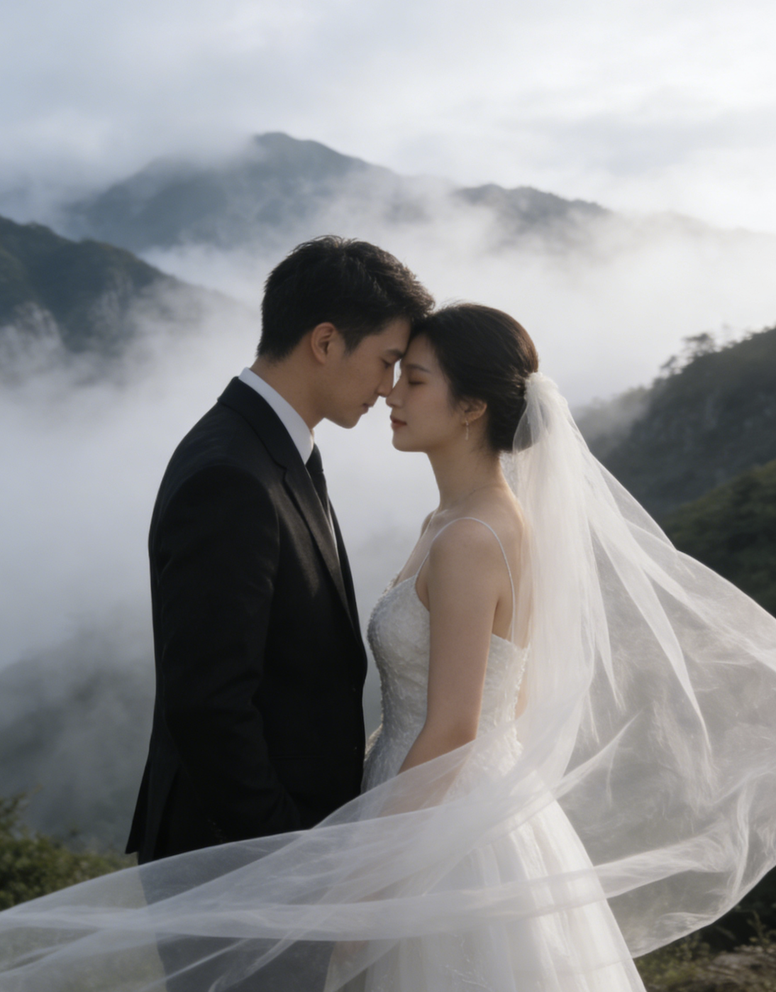 山间云雾缭绕的婚纱照