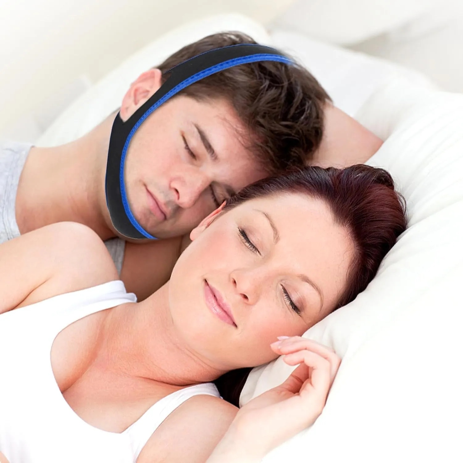 Anti-snoring Belt product image showing a person wearing the adjustable fabric strap comfortably around the head and under the chin, on a neutral background.