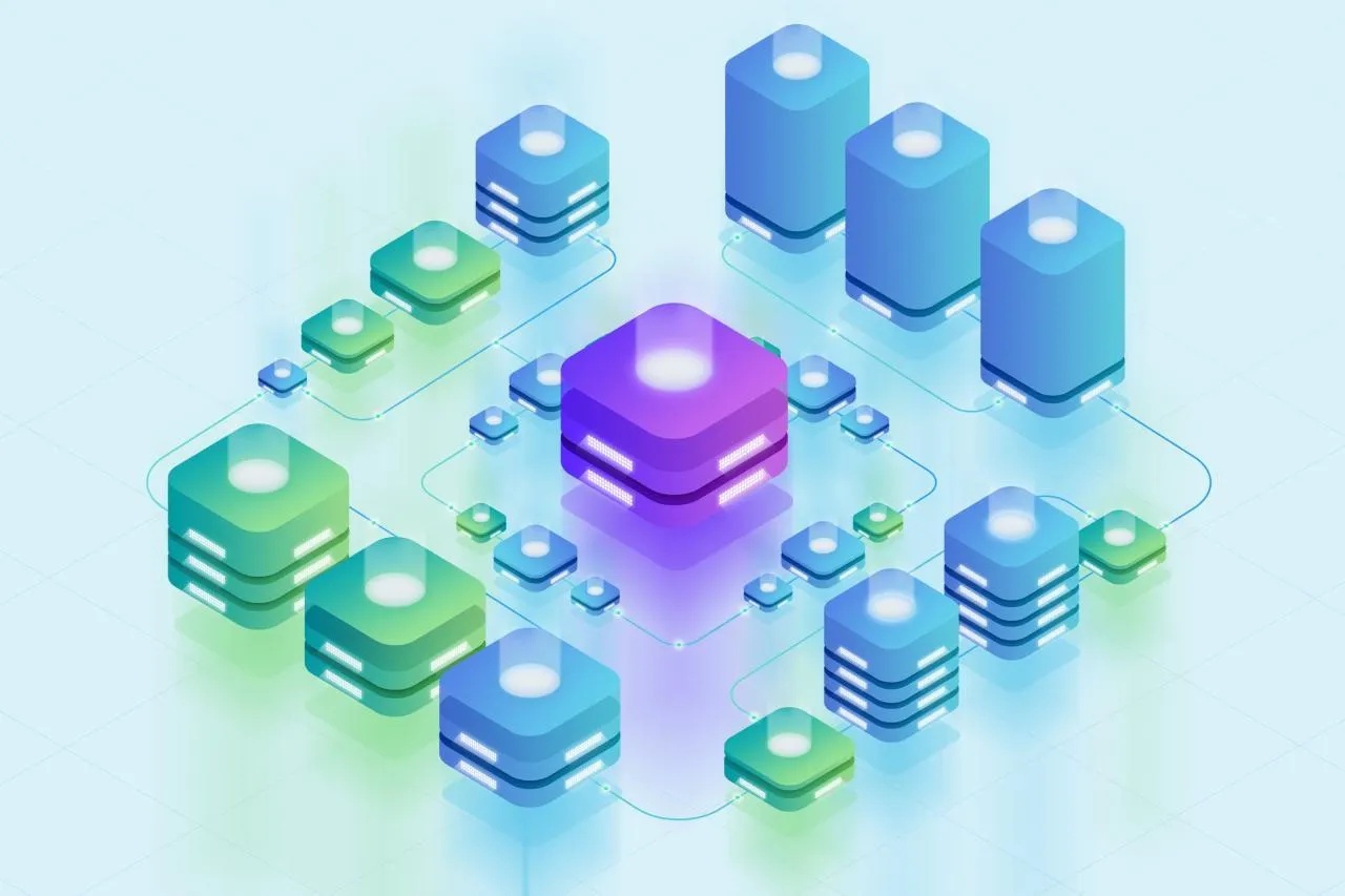 FreeVM超融合平台3D数据中心可视化示意图：多台服务器组成的集群，动态数据流在节点间传递，展示资源池化和虚拟化管理界面