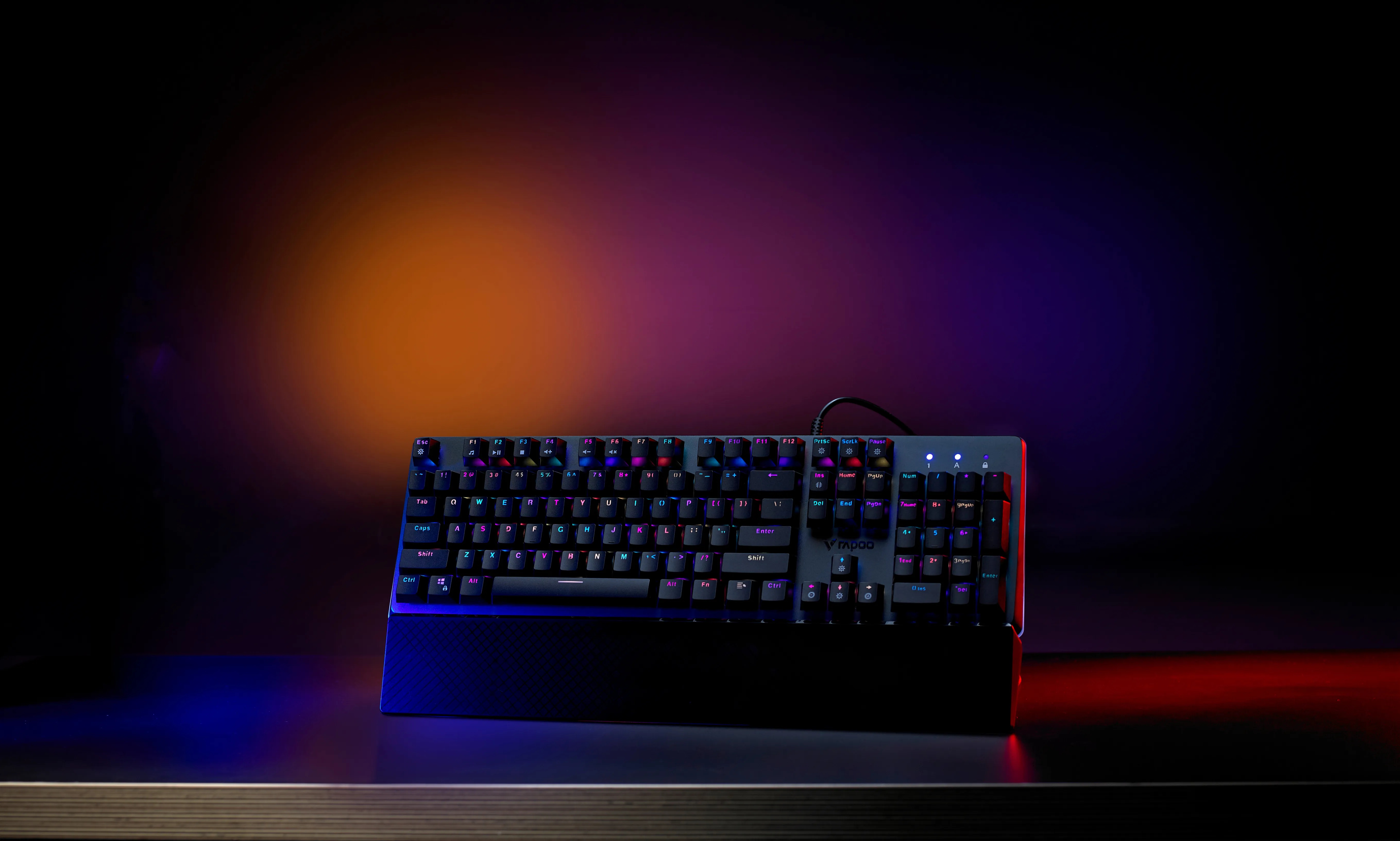 Professional computer accessories collection: mechanical keyboard with RGB backlight, wireless mouse, 34-inch curved monitor, and Type-C multifunction dock on a dark gray acrylic desk.