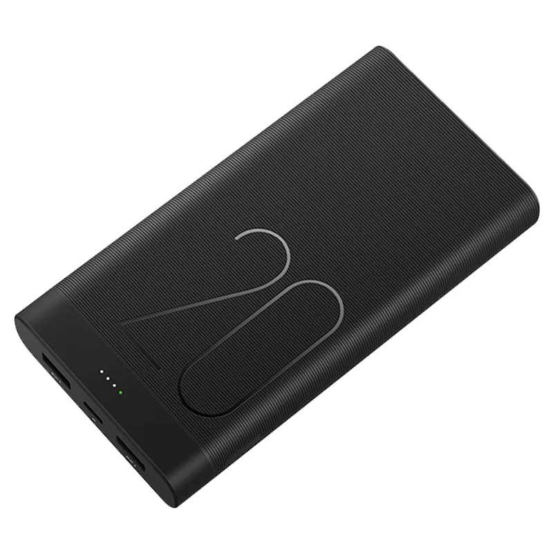 Charging and power devices: high-capacity power bank 20000mAh, 65W GaN fast charger with dual Type-C ports, and 3-in-1 wireless charging pad on a light gray acrylic desk.