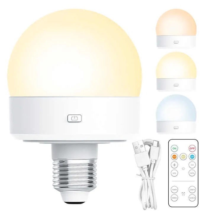 Smart home devices combination: smart bulb E27 socket glowing, smart plug with LED indicator, security camera with infrared lights, and Amazon Echo Dot on a light gray matte desk.