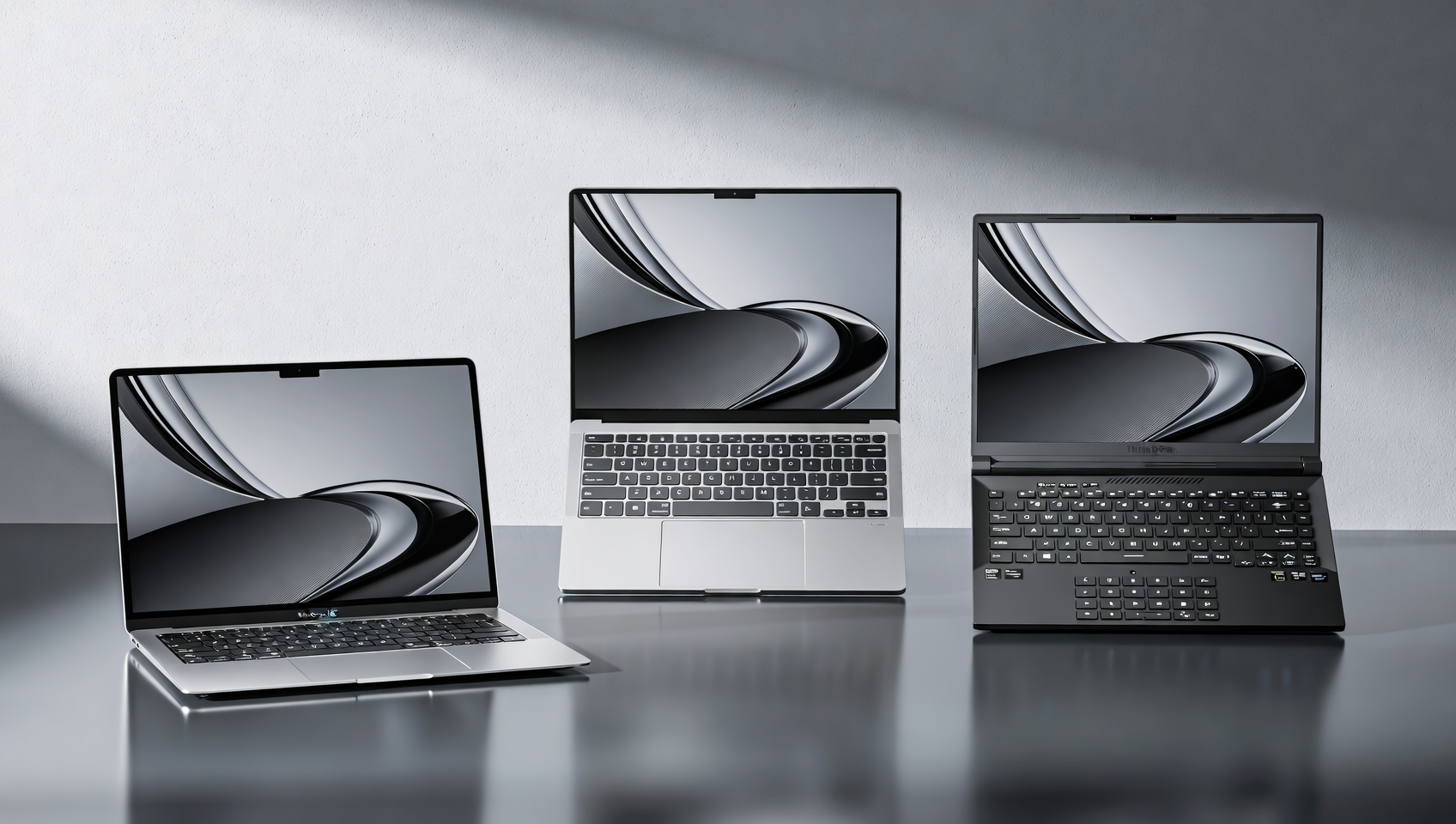 Professional laptop combination display for B2B website: Ultrabook (like MacBook Air M2), business laptop (like ThinkPad X1 Carbon), and gaming laptop (like ASUS ROG) arranged on a light gray background.