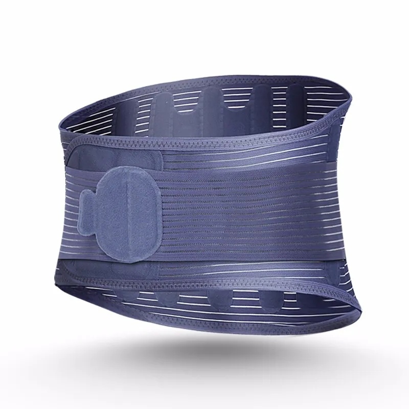 Lumba Belt For Back Pain product shot: Medical-grade lumbar support belt in dark blue and black, showcasing its H-shaped steel support structure, breathable mesh fabric, and adjustable straps, lying flat on a light grey background.