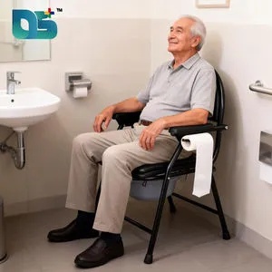 Shower Chair Commode in a home bathroom setting: An elderly person safely using the chair next to a shower, demonstrating its stability and practicality in a residential environment.