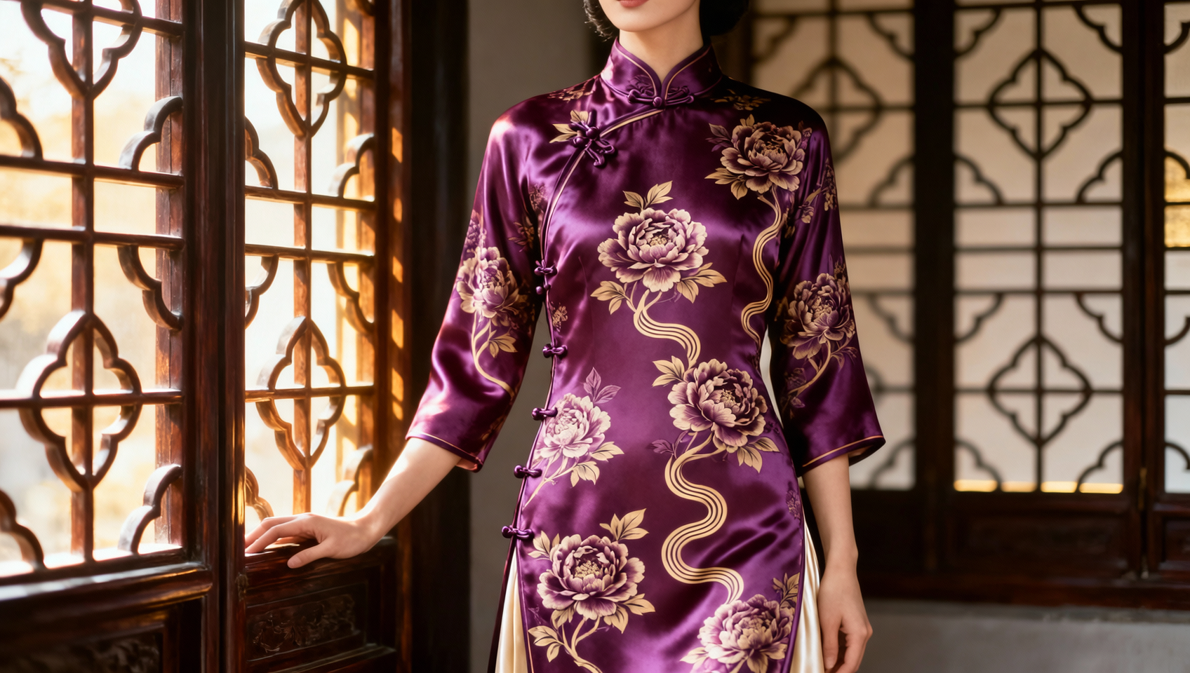 定制成衣展示图：身着民国软缎旗袍的模特，纹样为缠枝牡丹，立领盘扣，背景为传统木质窗棂，展现典雅韵味。