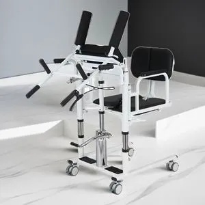 Product photo: Basic Hydraulic Transfer Lift Chair in a clinical setting, showcasing its carbon steel frame, hydraulic pump, and removable seat