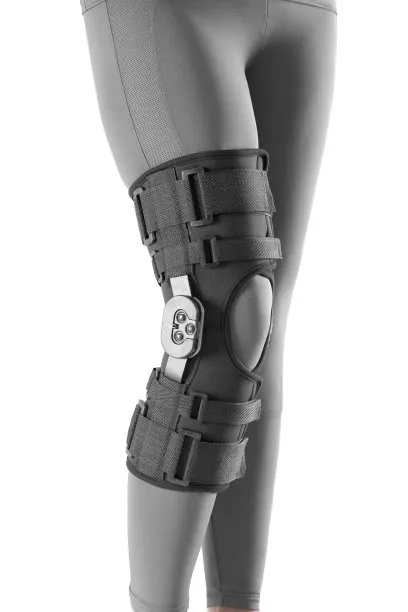 Dorrella Knee Immobilizer Brace - Side view showing adjustment straps and metal hinge mechanism