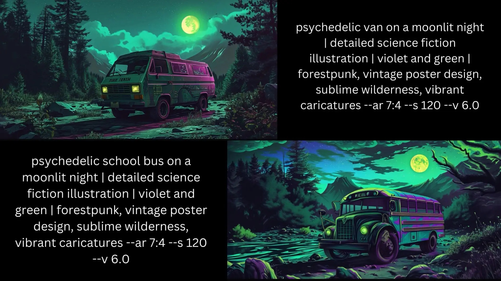 迷幻风格的复古巴士在月夜森林中的场景，具有强烈的视觉艺术特征，符合Midjourney生成的数字艺术画作风格