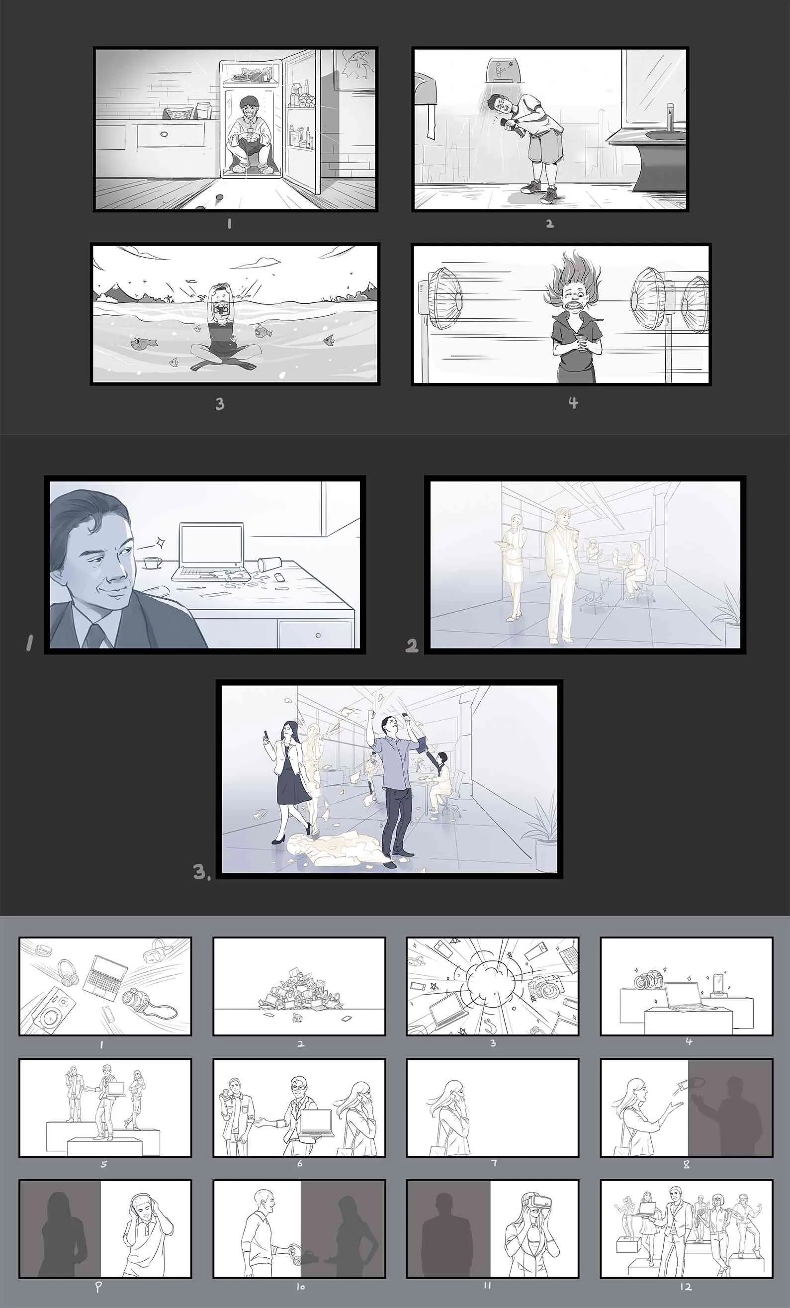 电影分镜草图：包含多个场景的构图设计，具有专业影视制作的视觉规划特征