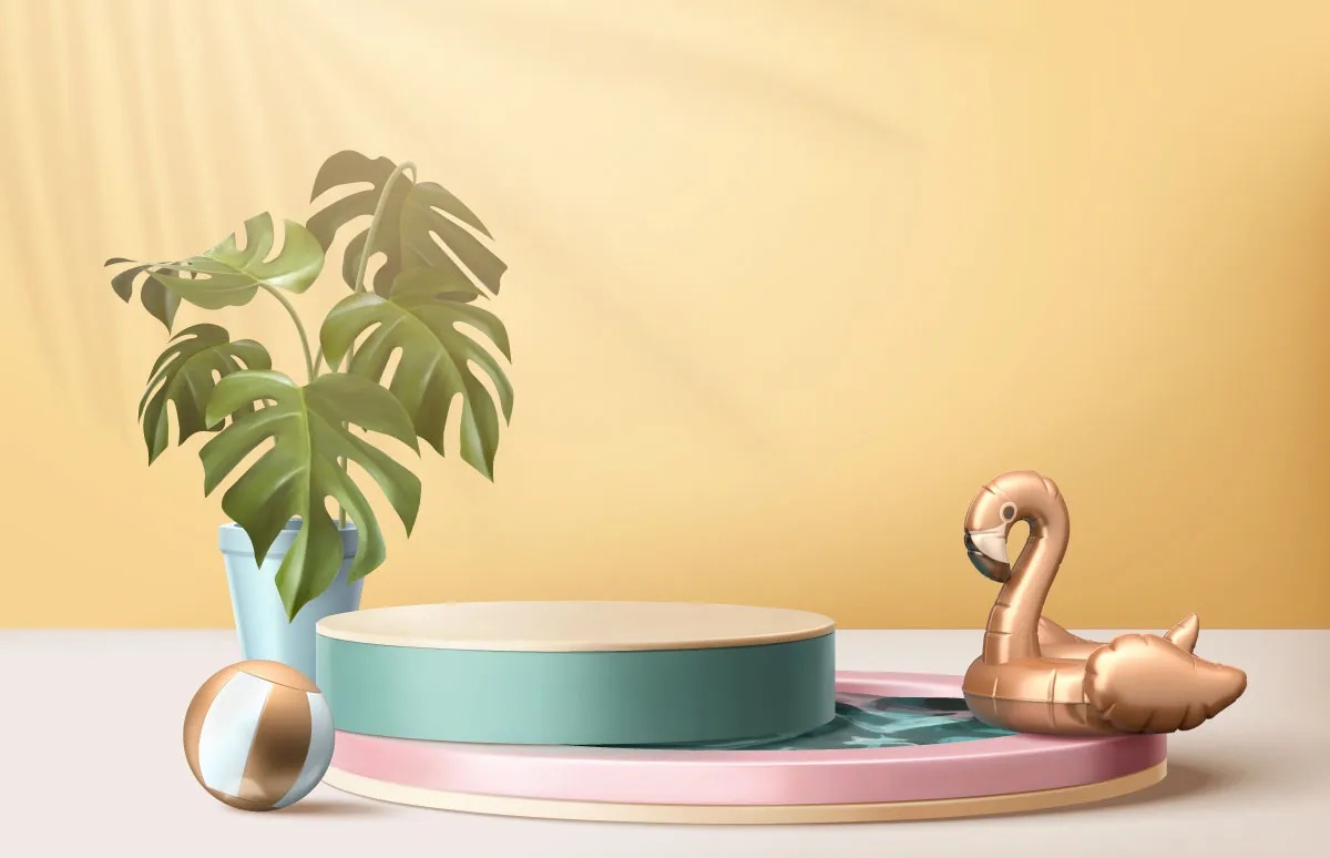 简约家居场景：带有绿植、天鹅摆件和几何台座的室内设计，符合AI生成的电商商品展示图风格