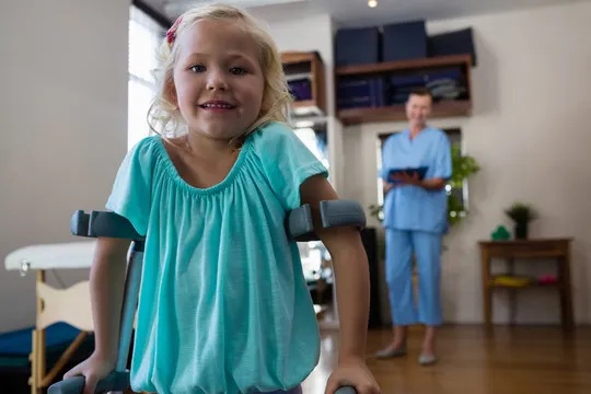 Child using the Dorrella Childs Crutches in a home setting, demonstrating proper forearm support and posture.