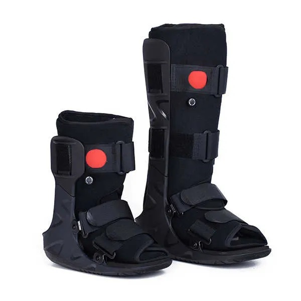 Walking Boot Brace worn by patient walking post-ankle surgery, showing side profile with straps fastened