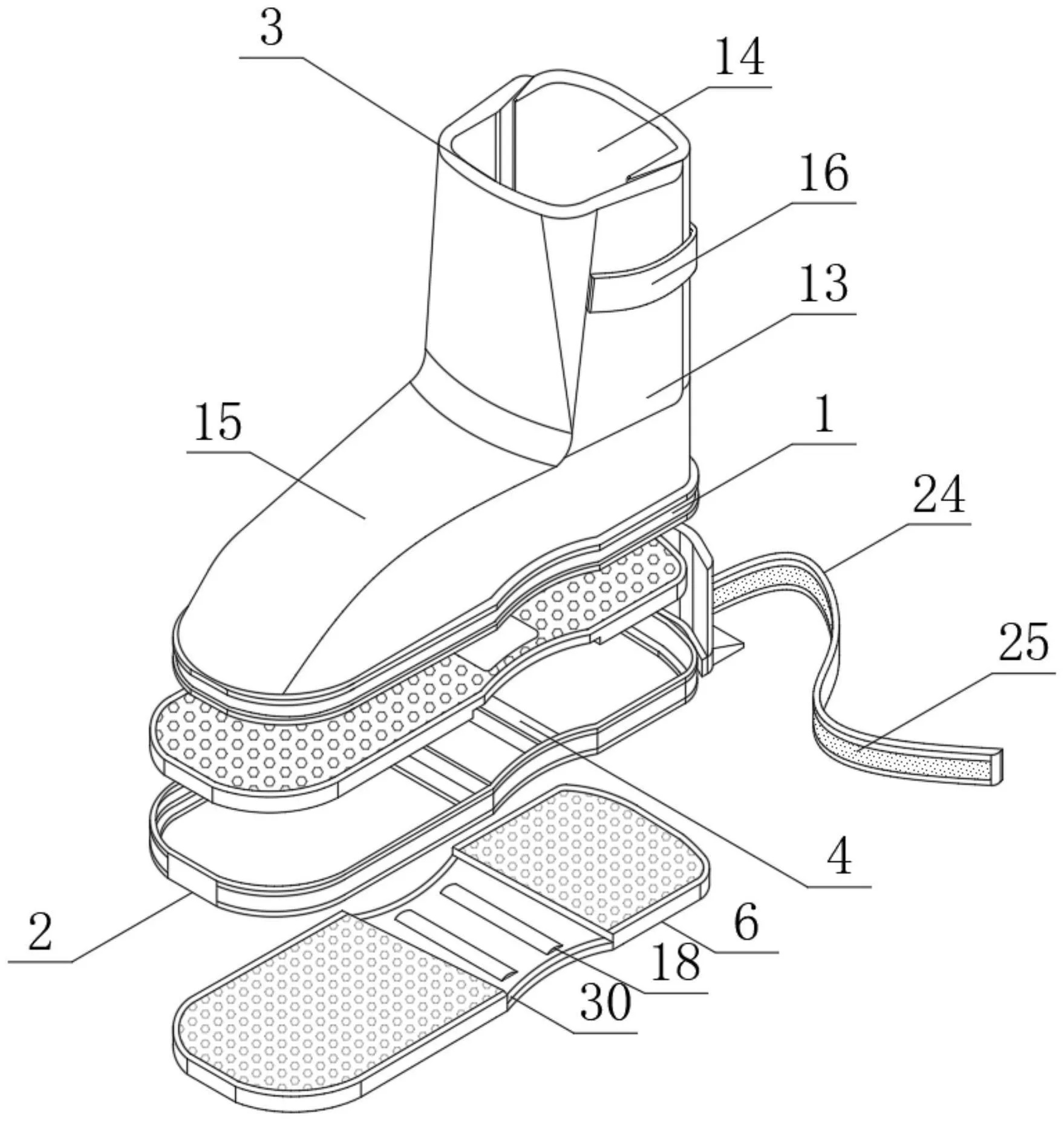 Multi-angle product visualization of the Walking Boot Brace: exploded view showing air bladders, side profile with straps, and bottom view of rocker sole