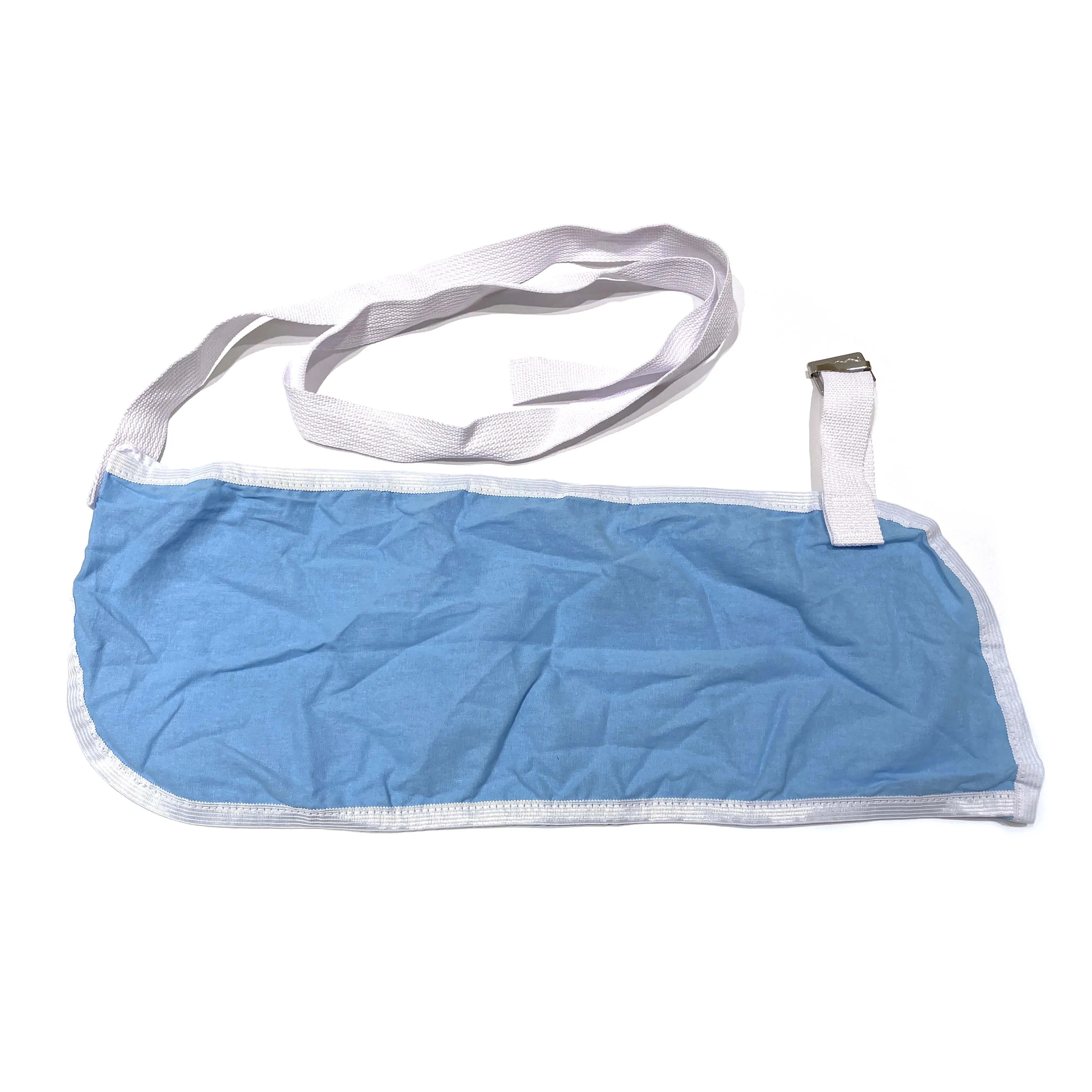Professional Medical Arm Sling product image showing a white and blue arm sling with adjustable straps and U-shaped metal support, displayed on a neutral background for clear medical product visualization