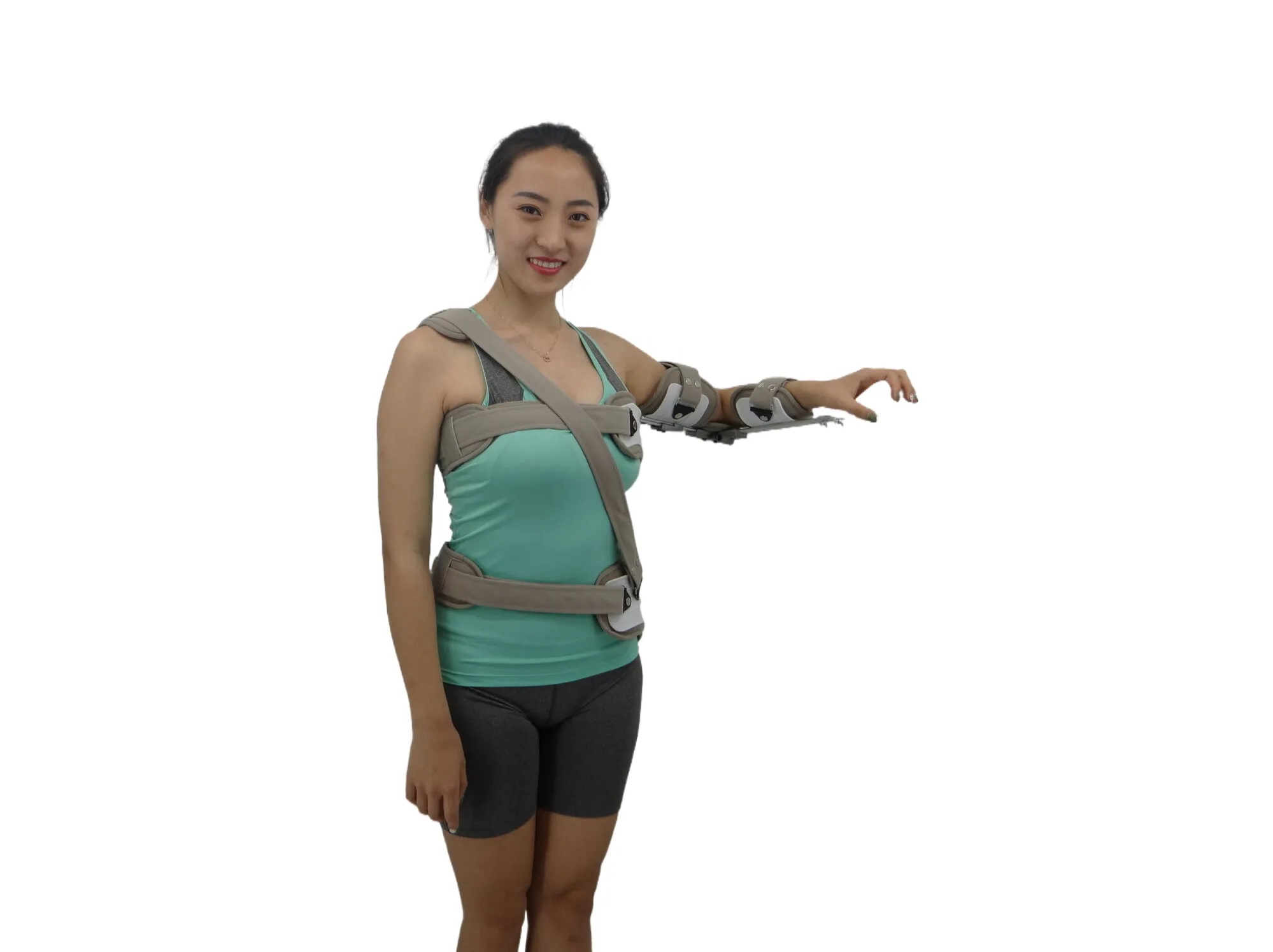 Arm Abduction Orthosis product image: A modular shoulder brace with adjustable straps and metal struts, shown on a model, maintaining the arm at a 70-degree abduction angle against a white background.