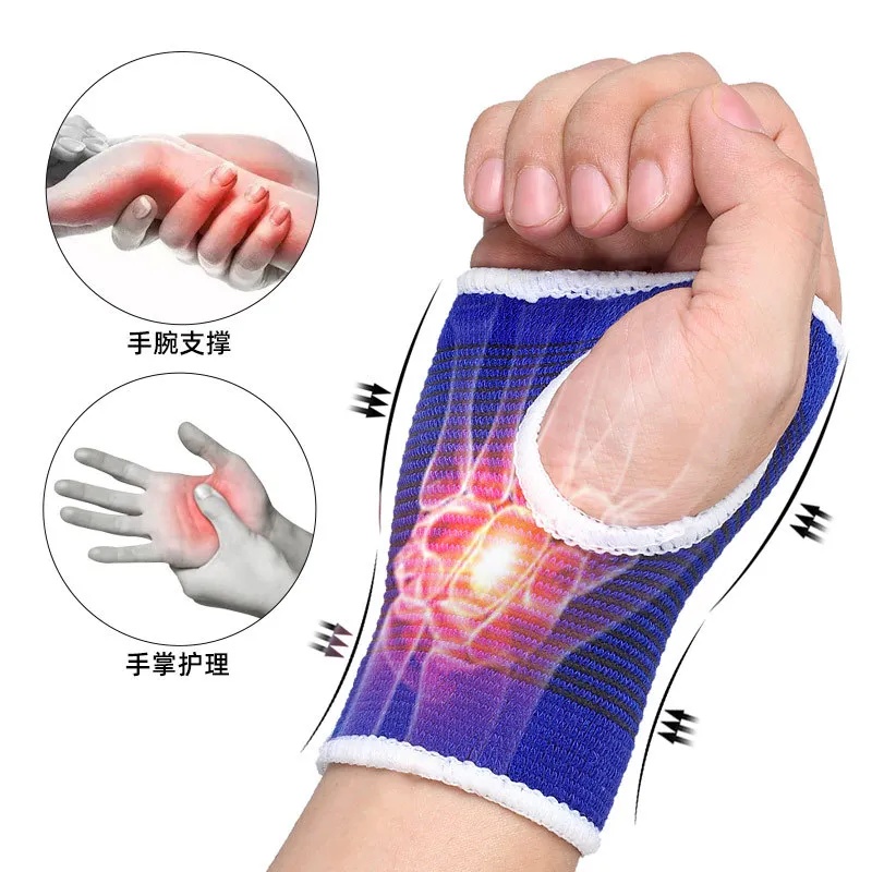 Hand and wrist brace product illustration showing wrist support and thumb loop placement, suitable for sports and industrial use, white background.