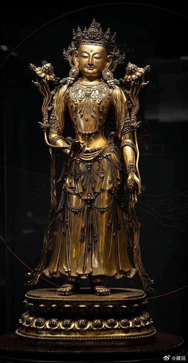 明永乐款铜鎏金观音立像立于莲花座_1