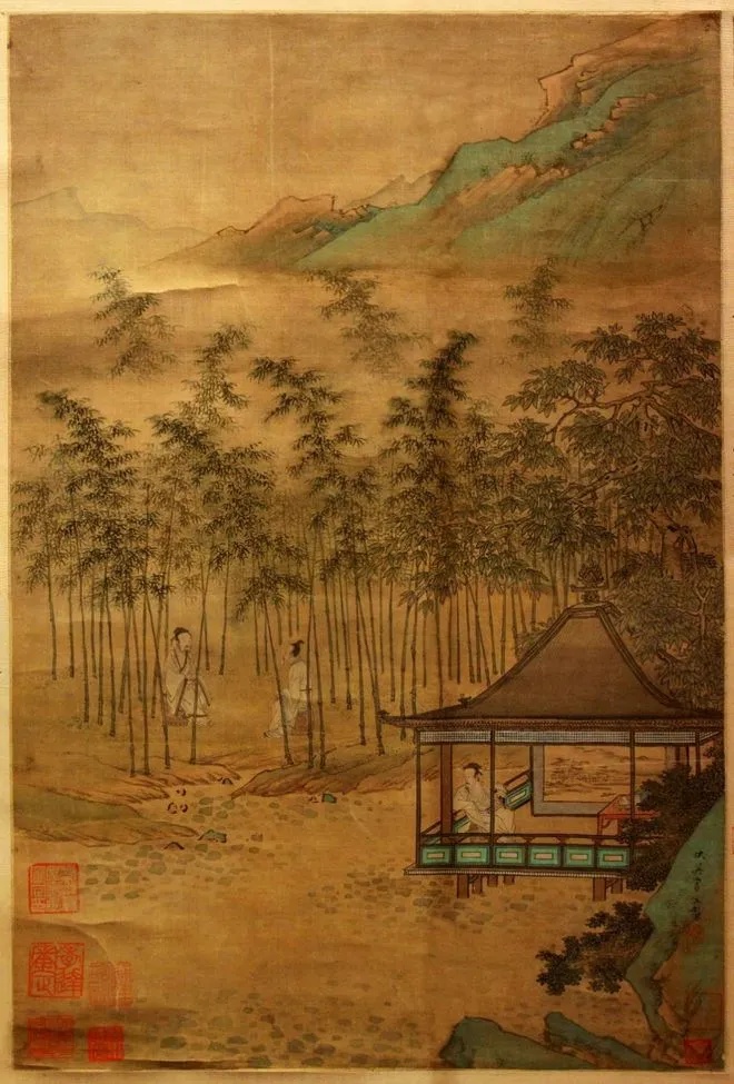 明代仇英绘竹梧消夏图 武汉博物馆藏 山水亭台士人纳凉_1