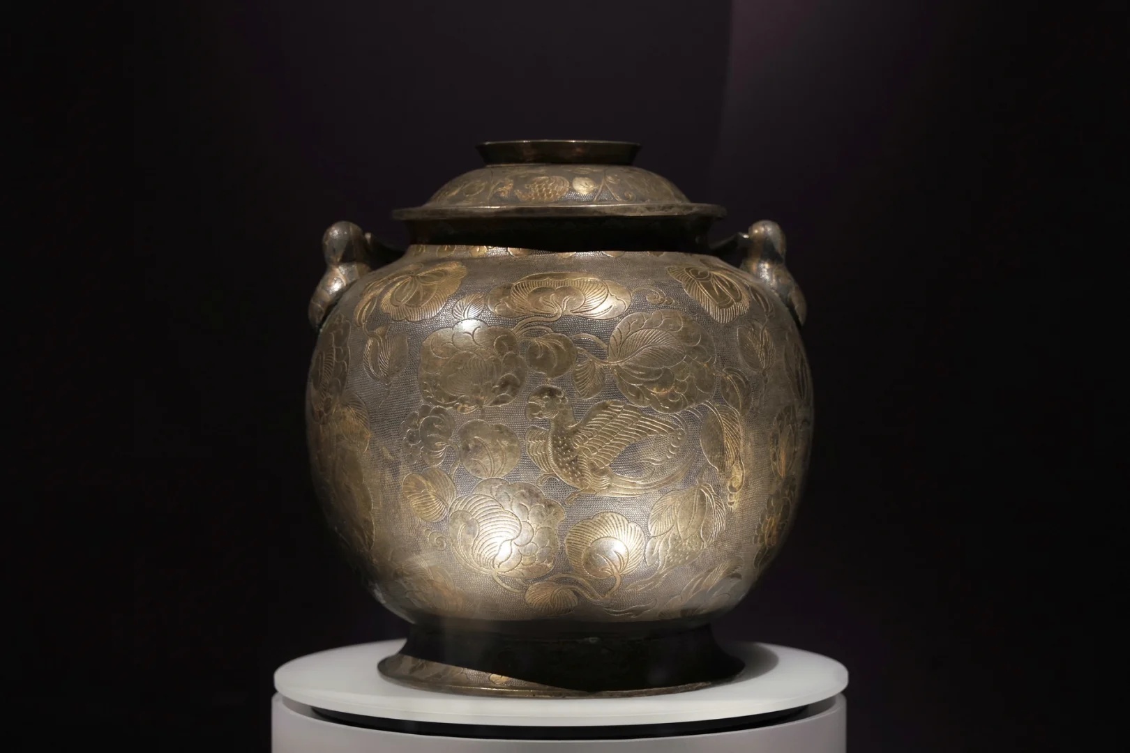 陕西历史博物馆鎏金鹦鹉纹提梁银罐展柜侧面特写_1