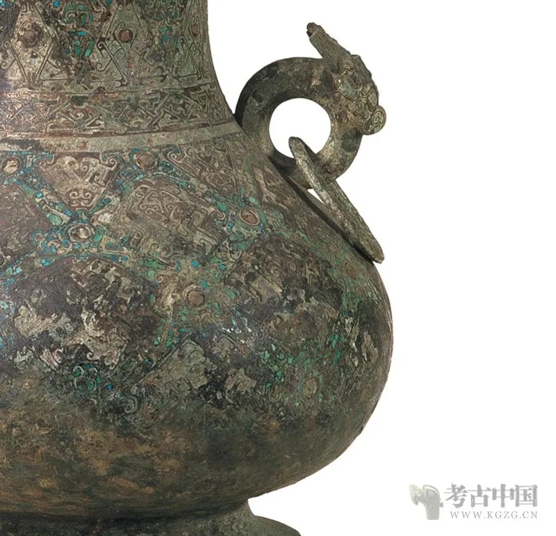 战国错金银镶嵌丝网套铜壶立鸟纹全貌_1