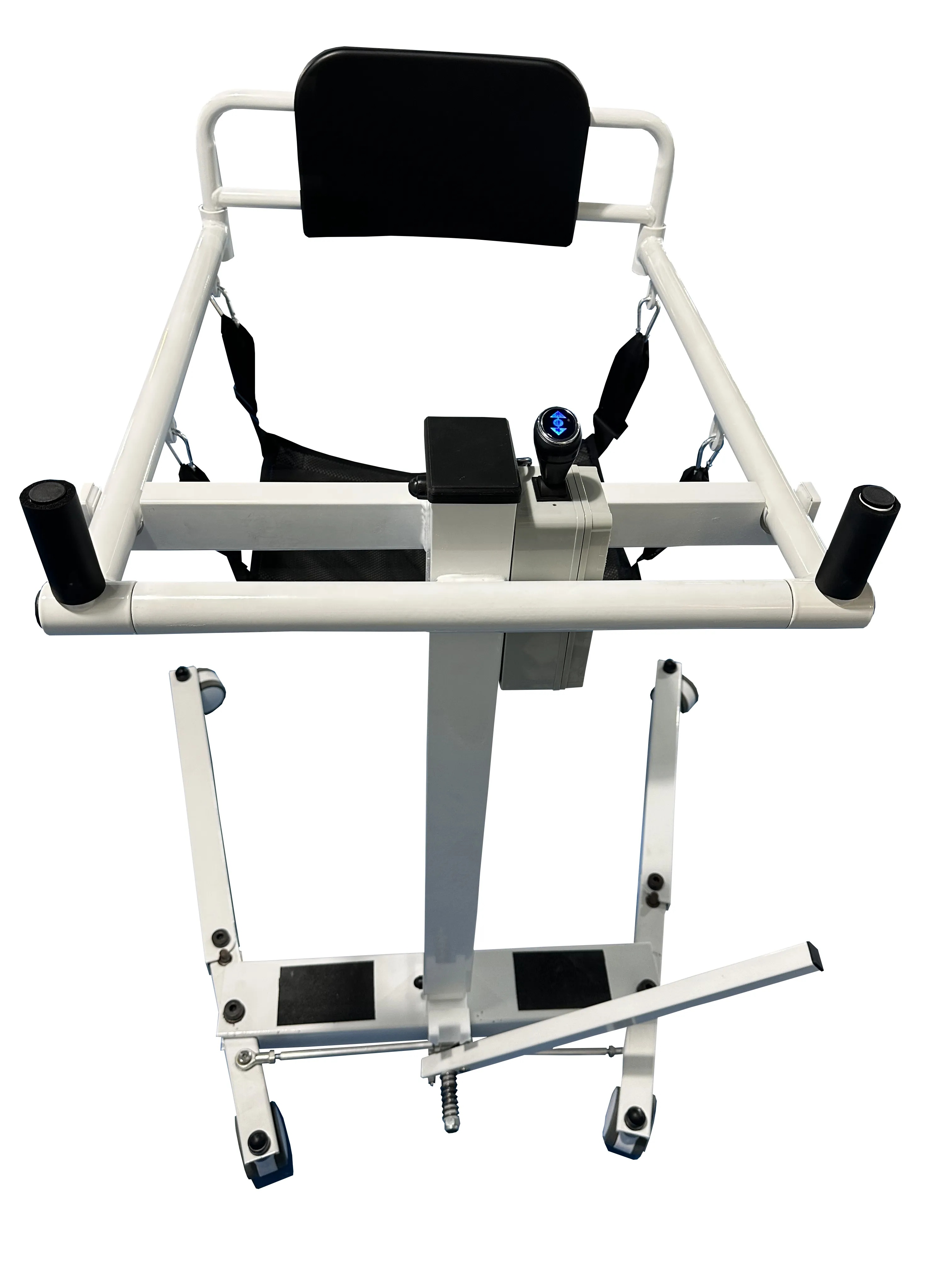 A compact Manual Or Electric Lift Transfer Chair folded and stored neatly in the corner of a bedroom next to a wardrobe, demonstrating its space-saving design for home use.