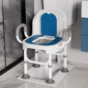 Toilet Bath Chair product overview: Aluminum frame chair with EVA seat in a bathroom setting, showing its dual-purpose for toileting and bathing. Features flip-up armrests and locking casters.